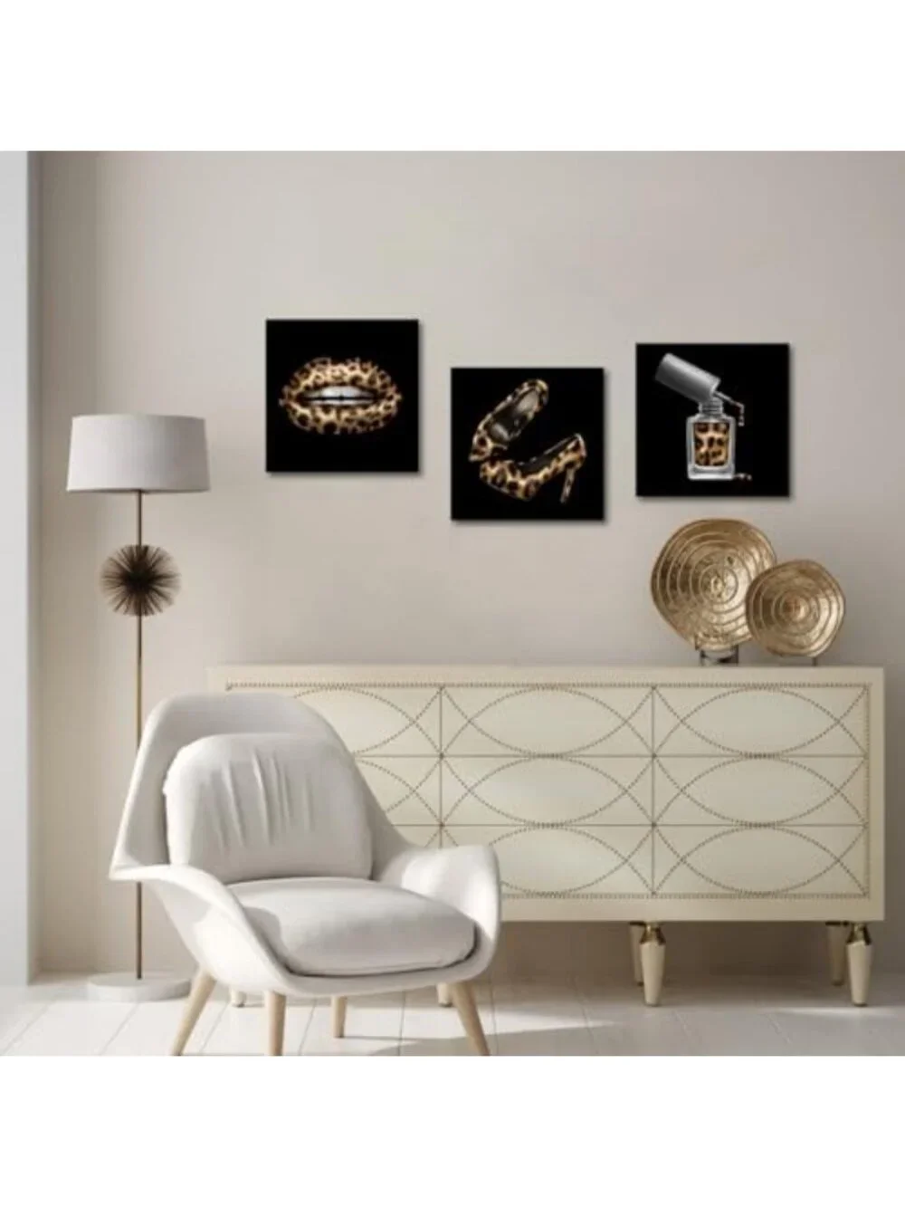 Chic Leopard Print & High Heels Wall Art Set - Modern Black Gold Decor, 3 Pieces